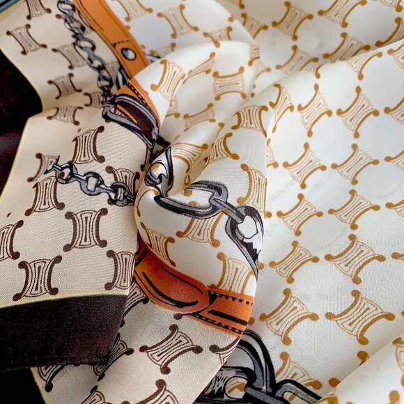 Women Beige Chain Headscarf Satin Bandana Pattern Polyester Breathable Scarves - Picture 7 of 7